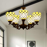 Tiffany Beige Glass Chandelier - 5-Light Suspension Lamp In Black