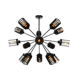 Vintage Hanging Starburst Chandelier Light With Cylinder Frame Shade - 9/12/15 Metal Heads In Black