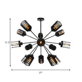Vintage Hanging Starburst Chandelier Light With Cylinder Frame Shade - 9/12/15 Metal Heads In Black