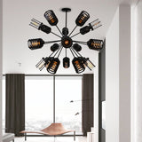 Vintage Hanging Starburst Chandelier Light With Cylinder Frame Shade - 9/12/15 Metal Heads In Black
