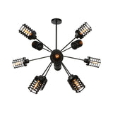 Vintage Hanging Starburst Chandelier Light With Cylinder Frame Shade - 9/12/15 Metal Heads In Black
