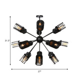 Vintage Hanging Starburst Chandelier Light With Cylinder Frame Shade - 9/12/15 Metal Heads In Black