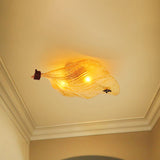 Countryside Leaf Shaped Ceiling Flush Mount Yellow Glass Hallway Light Fixture With 2 Lights