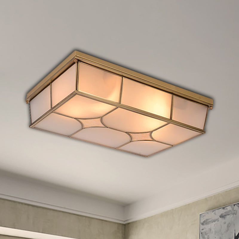 Frosted Glass Flush Ceiling Light In Classic Brass - 3/6 Lights Rectangle Design For Bedroom Mount