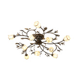 Opal Glass Semi-Flush Mount Rustic Brass Ceiling Light Fixture - 10 Lights For Dining Room Blossom