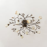 Opal Glass Semi-Flush Mount Rustic Brass Ceiling Light Fixture - 10 Lights For Dining Room Blossom