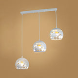 Industrial Tellurion Cage Pendant Light - 3 Lights Metal Suspension White/Blue Round/Linear Canopy