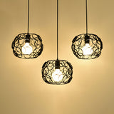 Retro Drum Shade Metal Pendant Lamp With Wire Frame 3 Bulbs And Circles Design In Black / Linear