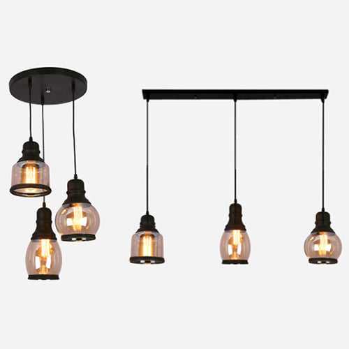 Industrial Amber Glass Pendant Light For Coffee Shops - 3-Light Black Ceiling Fixture