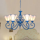 Tiffany Cone Ceiling Pendant In Blue/White With Curved Arm And Metal Chain - Stained Glass