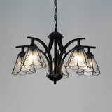 Adjustable Blue/Green Stained Glass Pendant Light: 5-Light Leaf Chandelier With 16 Metal Chain Blue
