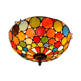 Tiffany Style Red Flushmount Bedroom Light Fixture - 2/3 Lights Dome Stained Glass Shade 12/16 Wide