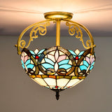 Mediterranean Petal Stained Glass Semi Flush Mount Ceiling Lamp 2 Lights Yellow/Brown/Blue - Ideal
