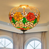 Mediterranean Semi-Flush Ceiling Light With Cut Glass Rose Design And 3 Beige/Pink/Orange Lights