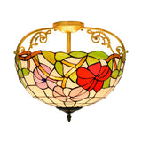 Mediterranean Semi-Flush Ceiling Light With Cut Glass Rose Design And 3 Beige/Pink/Orange Lights