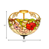 Mediterranean Semi-Flush Ceiling Light With Cut Glass Rose Design And 3 Beige/Pink/Orange Lights