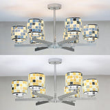 Blue/Yellow Mosaic Glass Ceiling Light With 6 Chrome Finish Hanging Bulbs