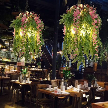 Industrial Metal Chandelier With 4 Green Head Plant Decorations - Hanging Pendant Light Fixture