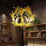 Industrial Yellow Metal Chandelier Light With 5 Heads & Flower Decoration