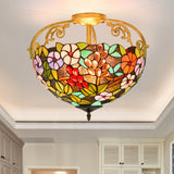 Green Victorian Floral Ceiling Light With Cut Glass - 3 Semi Mount Lights For Bedroom