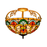 Mediterranean Orange Domed Cut Glass Ceiling Light Fixture With 3 Semi-Flush Lights