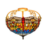 Dragonfly Cut Glass Semi Flush Mount Ceiling Light Fixture - Mediterranean Style 3 Lights