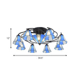 Blue And White Glass Semi-Flush Conical Ceiling Light With 9/11 Lights - Black Lighting Fixture For