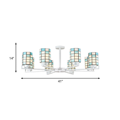 Black/White Stained Glass Semi Mount Cylinder Ceiling Light - 3/6/8 Lights Baroque Style