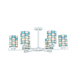 Black/White Stained Glass Semi Mount Cylinder Ceiling Light - 3/6/8 Lights Baroque Style 6 / White