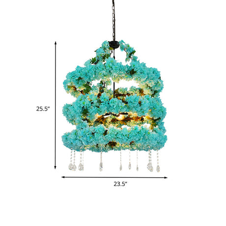 Vintage Metal Flower Chandelier With Blue Led Suspension And Crystal Accent