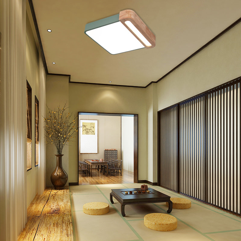 Nordic Square Acrylic Flush Light 12/16 Led Surface Ceiling Lamp In Grey/White/Red With Wood Guard -