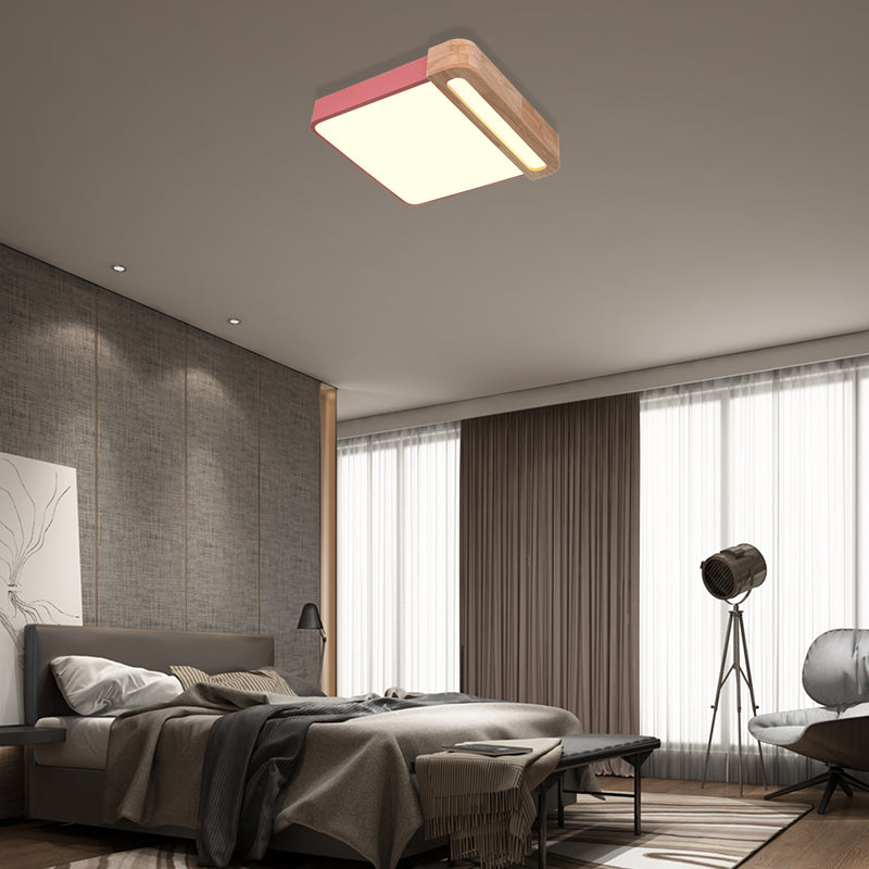 Nordic Square Acrylic Flush Light 12/16 Led Surface Ceiling Lamp In Grey/White/Red With Wood Guard -