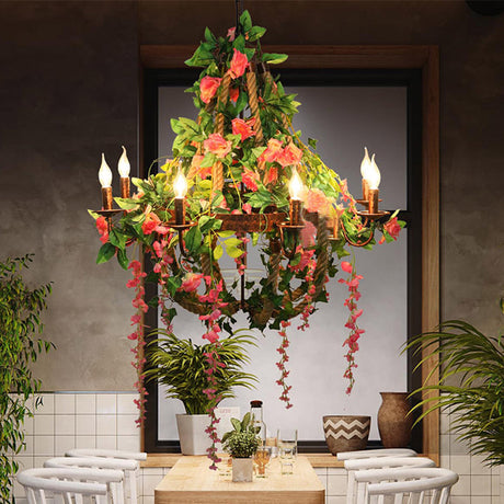 Industrial Rustic Led Chandelier With 6 Bulbs - Candle Restaurant Rose Hanging Light Fixture Rust
