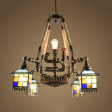 Gear Rustic Lodge Pipe Hanging Chandelier - Multi Light Stained Glass Suspension With Star/House
