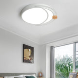 Modern Moon Eclipse Led Bedroom Flush Mount Ceiling Light In Grey/White/Green With Wood Accent White