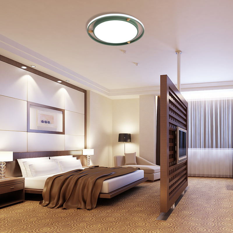 Nordic Dual Circle Led Ceiling Flush Light With Wood Arm - White/Green/Grey Thin Flushmount Lighting
