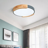 Nordic Grey/White/Green Round Flush Light With Wood Side Guard - Ceiling Mounted Fixture For Bedroom
