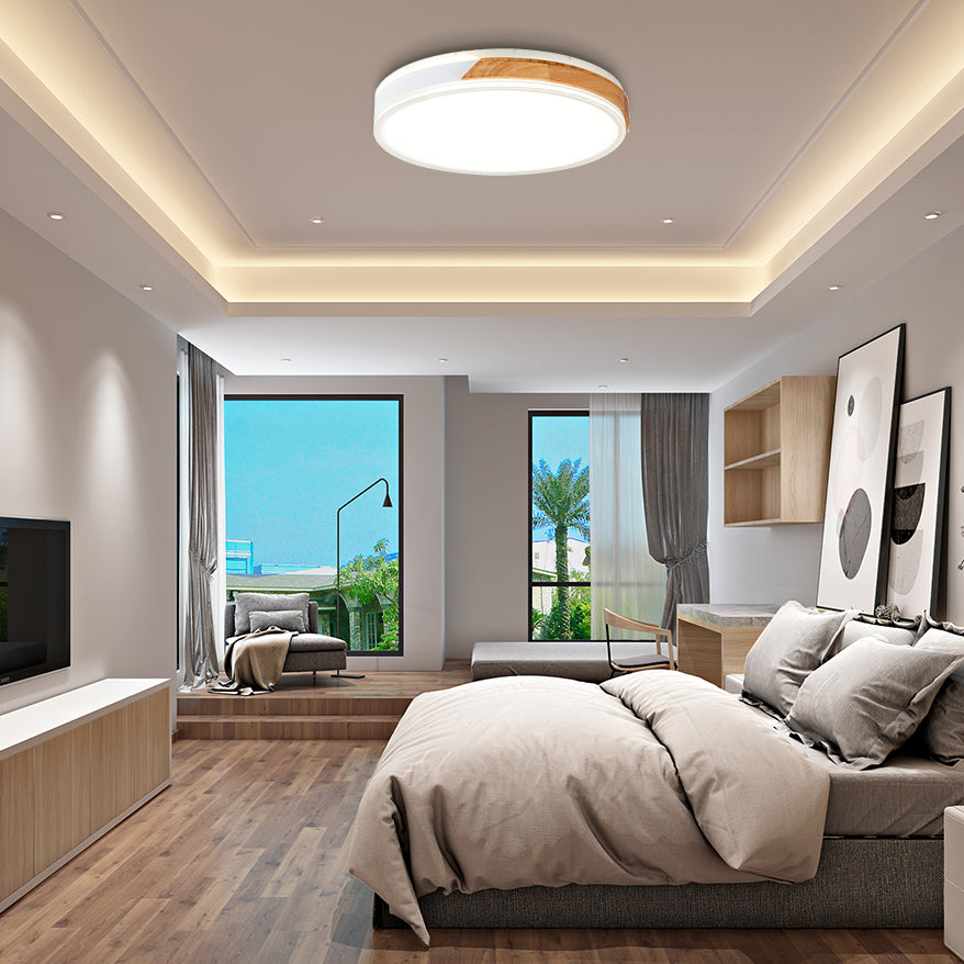 Modern Wood And Iron Ceiling Light Flush Mount In White/Gold - Warm White Indoor Fixture / 12