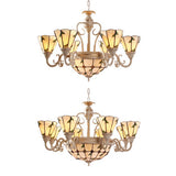 Tiffany Cone Pendant Light 9/11-Light Stained Glass Chandelier - Beige With Leaf Pattern