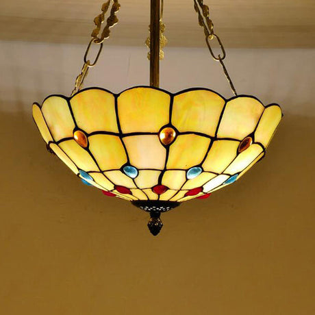 Beige Glass Bowl Pendant Light - Tiffany Chandelier With Colorful Bead Multiple Sizes For Corridor