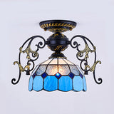 Domed Semi Flush Grid Stained Glass Ceiling Light - Black/White Black / D