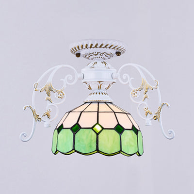 Domed Semi Flush Grid Stained Glass Ceiling Light - Black/White White / C