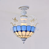2-Bulb Bowl Semi Flush Light In White With Tiffany Stained Glass Various Colors / Blue Square