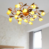 Metal Brass Ceiling Flush Lily/Tulip Led Semi Mount Lighting - 16-Head American Garden Style For
