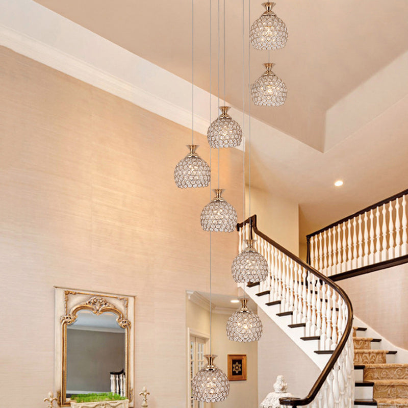 Contemporary Gold Crystal Dome Pendant Light With Spiral Design - 8-Light Multi Lamp