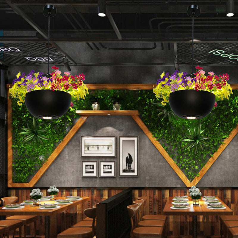 Industrial Bowl Flower Hanging Light - Black Metal Led Ceiling Suspension Lamp (1 Bulb) For