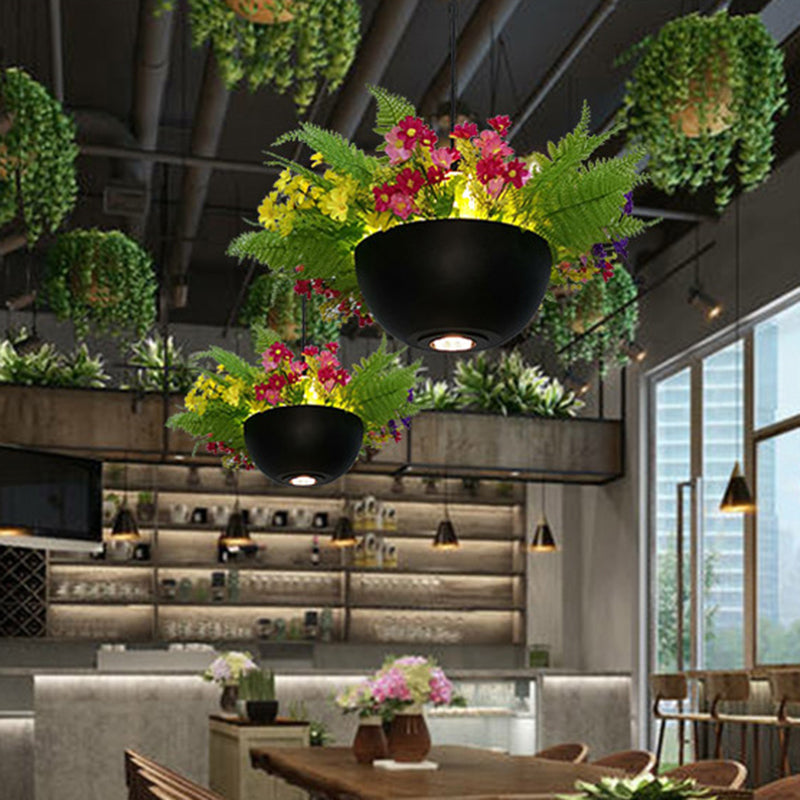 Industrial Bowl Flower Hanging Light - Black Metal Led Ceiling Suspension Lamp (1 Bulb) For
