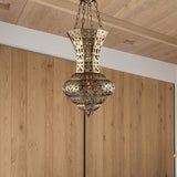 Antiqued Brass Ceiling Lamp With Vase Shade - Flush Mount 3 Bulbs Perfect For Dining Table Lighting