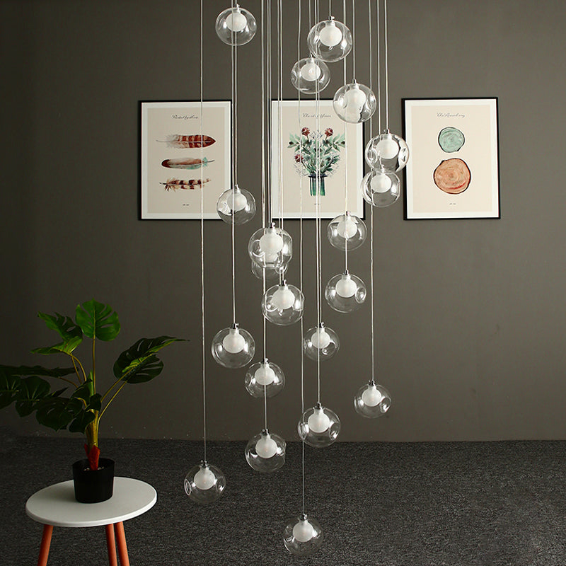 Modernist Ball Clear Dimpled Glass Multi Lamp Pendant With 16 Hanging Heads - White
