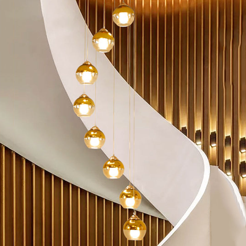 Modern Clear Glass Gold Ball Cluster Pendant Lamp With Stair Led Ceiling Hang - 8-Head Fixture